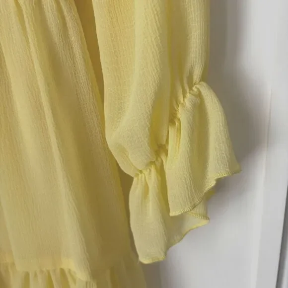 LUSH Yellow Smocked Bust Sheer LS Ruffle Hem Fit & Flare Spring Dress Size S #2 - Picture 4 of 8